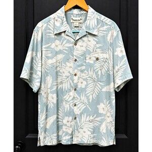 Paradise Cove Men's L Silk Short Sleeve Blue White Floral Hawaiian Shirt Pockets